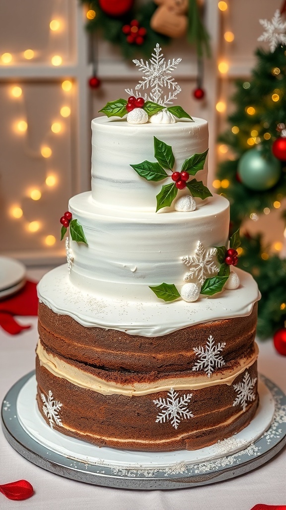 Elegant 3-Tier Christmas Cake Design A stunning 3-tier Christmas cake with fondant decorations, holly leaves, and snowflakes on a festive table.